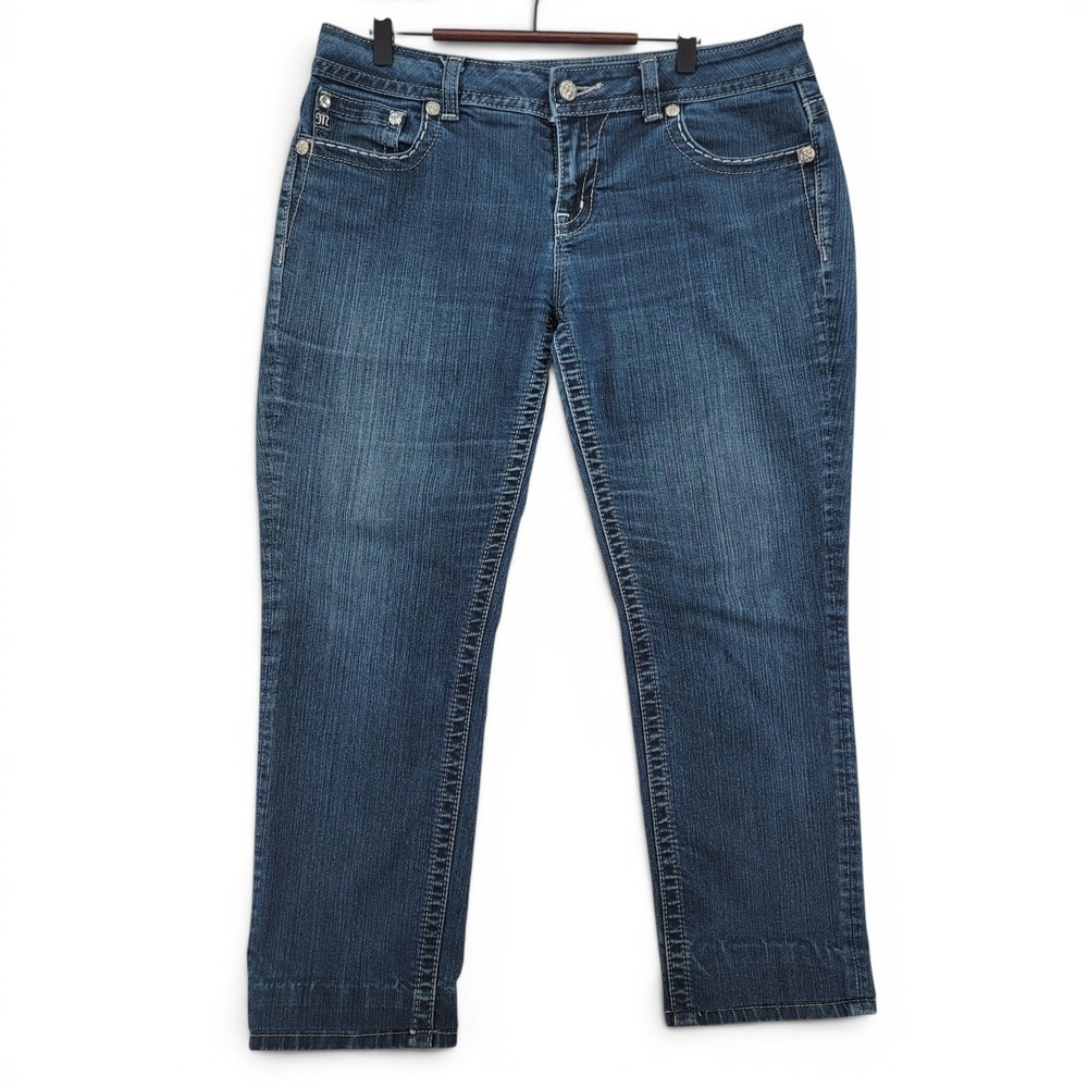 Miss Me Easy Skinny Jeans Womens 32x28 Blue Stretch Y2K Bling Thick Stitch